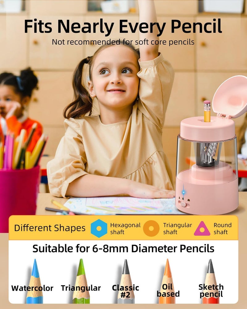 Zmol Colored Pencil Sharpener for Kids Gift, Rechargeable Electric Pencil Sharpener, Auto Stop, Pencil Sharpeners for Battery Powered Cute No.2/Colored Pencils (6-8mm), Classroom/Office/Home (Pink) - Image 2